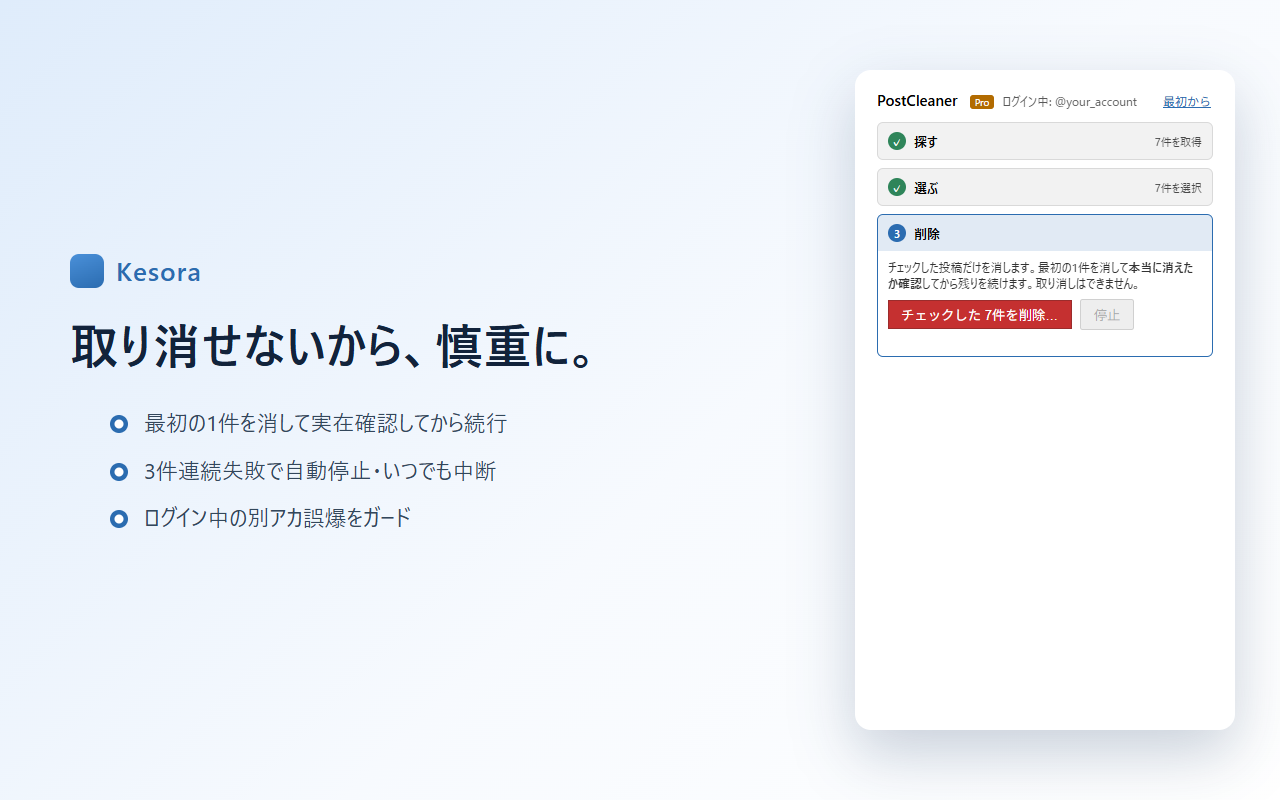 削除の実行画面。最初の1件を消して確認してから続行する旨の説明が表示されている。
