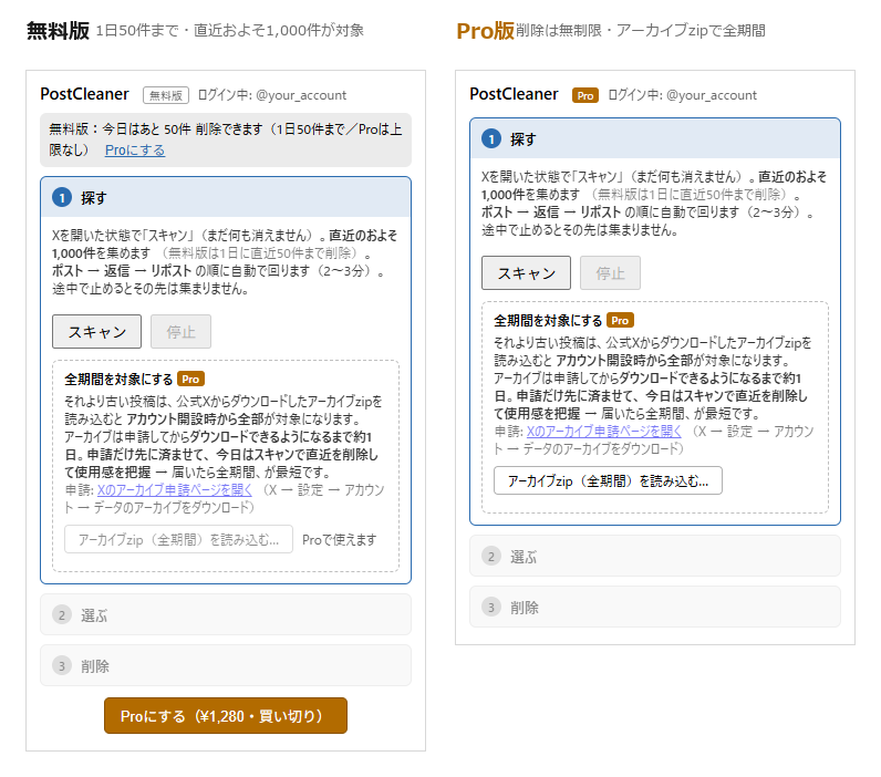 無料版とPro版の画面の違い。無料版は残り件数の表示が出て、アーカイブzipの読み込みが選べない。
