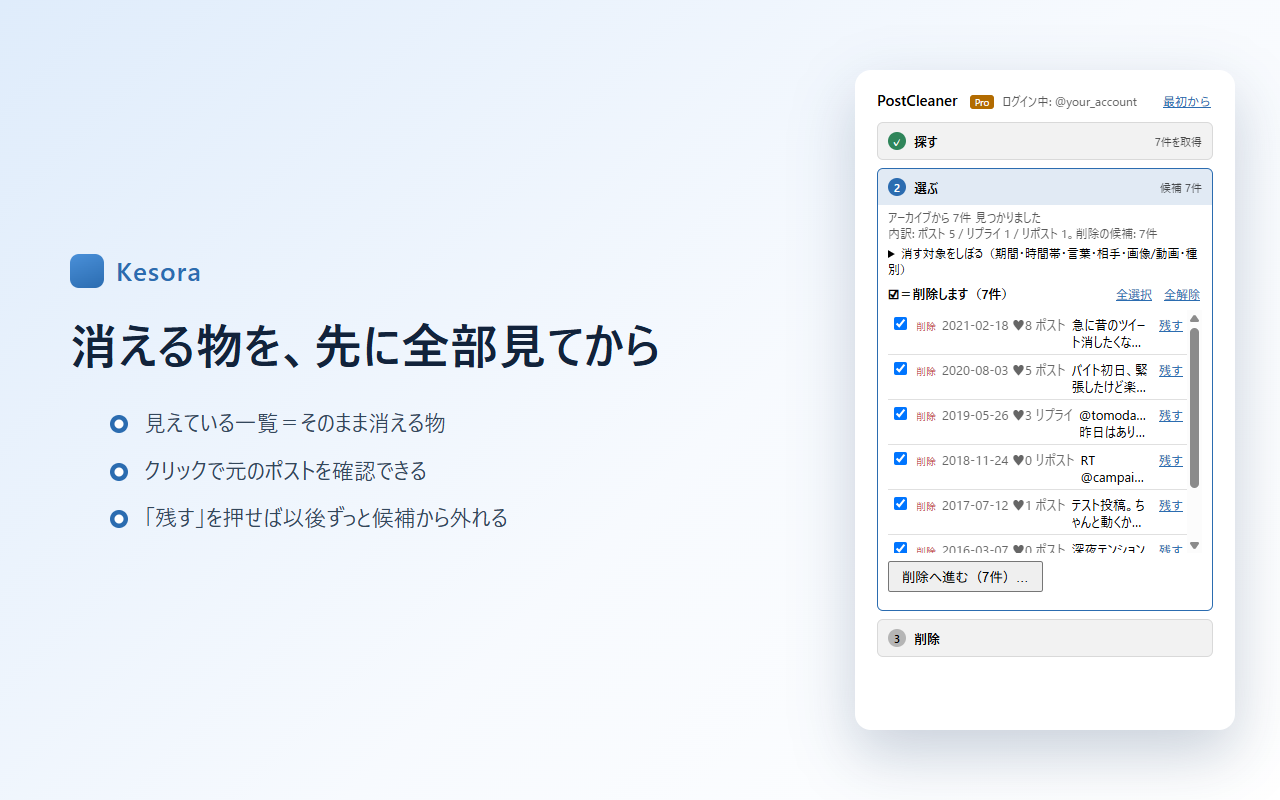 PostCleaner の操作画面。削除候補の一覧を表示し、チェックした投稿だけを消す。